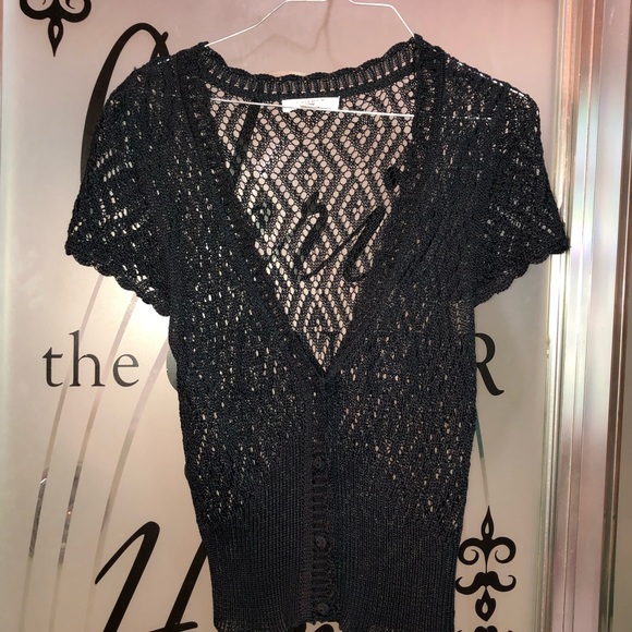 Black lacy short sleeve button up cardigan top - Picture 4 of 5